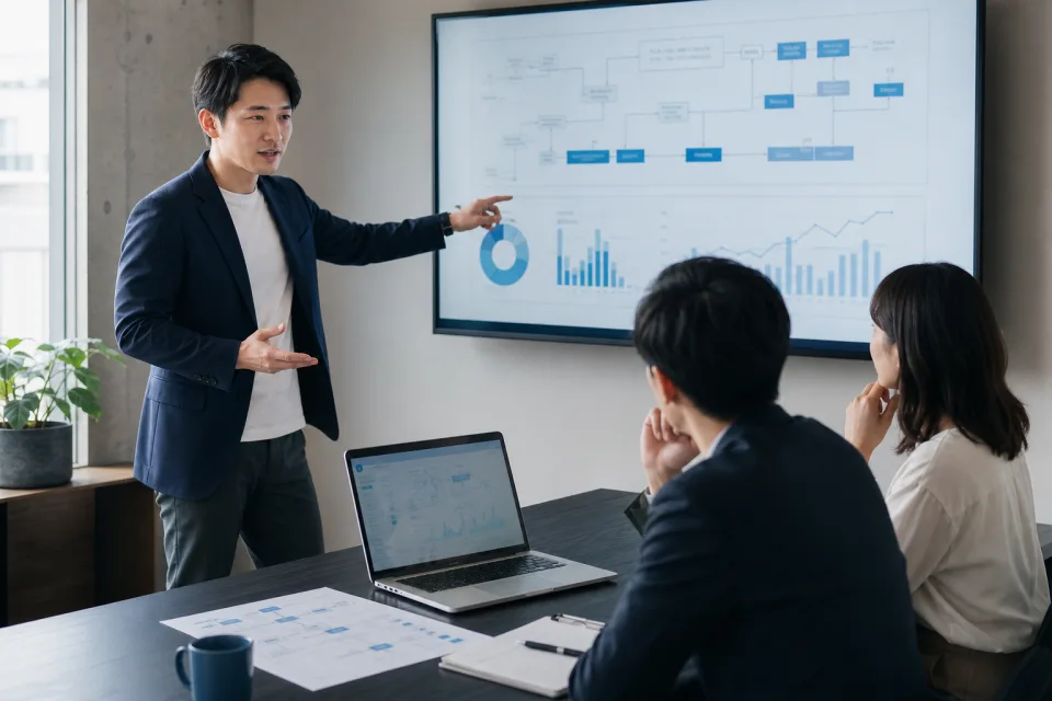 業務改善案をデータとともにチームへ提案する様子