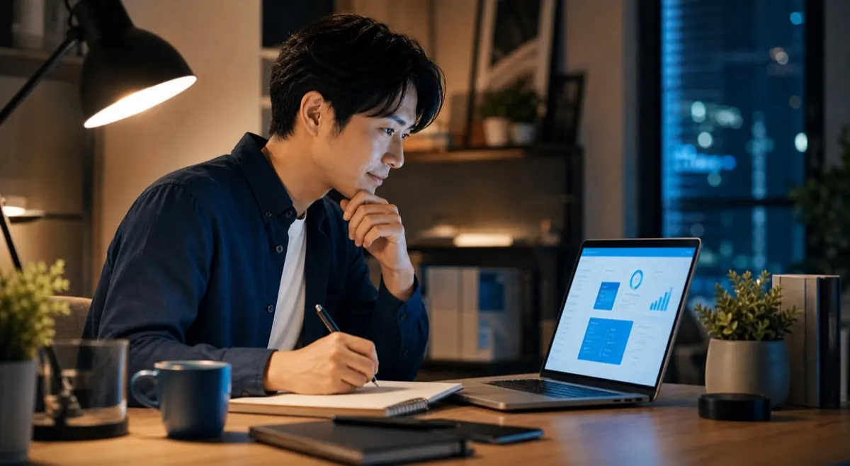 自宅で夜に学習しながら副業に向けて準備する利用者